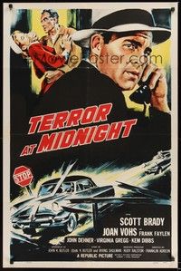 5m834 TERROR AT MIDNIGHT 1sh '56 Scott Brady, Joan Vohs, film noir, cool car crash art!