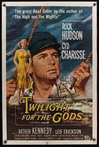 5m903 TWILIGHT FOR THE GODS 1sh '58 great artwork of sailor Rock Hudson & sexy Cyd Charisse!