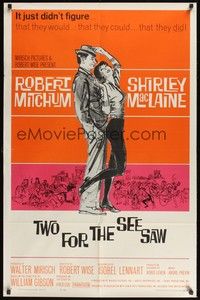 5m907 TWO FOR THE SEESAW 1sh '62 art of Robert Mitchum & sexy beatnik Shirley MacLaine!