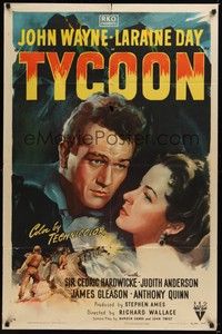 5m912 TYCOON style A 1sh '47 great close-up romantic artwork of John Wayne & Laraine Day!