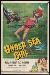 5m914 UNDERSEA GIRL 1sh '57 cool artwork of sexy deep sea scuba diver in peril!