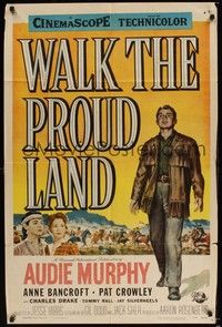 5m939 WALK THE PROUD LAND 1sh '56 art of Audie Murphy & Native American Anne Bancroft!