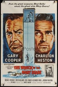 5m984 WRECK OF THE MARY DEARE 1sh '59 super close artwork of Gary Cooper & Charlton Heston!
