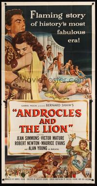 5p403 ANDROCLES & THE LION 3sh '52 artwork of Victor Mature holding Jean Simmons!