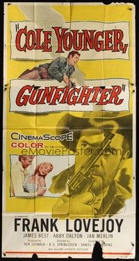 5p452 COLE YOUNGER GUNFIGHTER 3sh '58 cool huge close up of cowboy Frank Lovejoy with smoking gun!