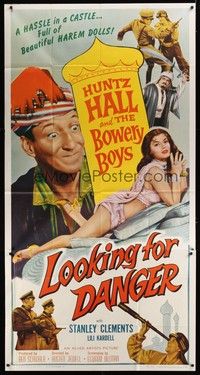 5p577 LOOKING FOR DANGER 3sh '57 Bowery Boys, wacky image of Huntz Hall checking out babe!