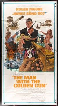 5p591 MAN WITH THE GOLDEN GUN 3sh '74 art of Roger Moore as James Bond by Robert McGinnis!