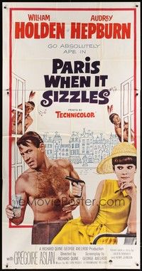 5p627 PARIS WHEN IT SIZZLES 3sh '64 Audrey Hepburn with gun & barechested William Holden in France!