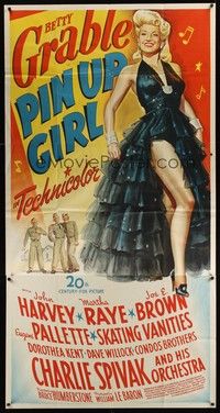 5p632 PIN UP GIRL 3sh '44 wonderful stone litho of full-length Betty Grable in sexy dress!