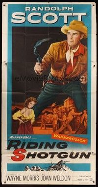 5p648 RIDING SHOTGUN 3sh '54 great image of cowboy Randolph Scott with smoking gun!