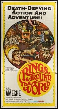 5p649 RINGS AROUND THE WORLD 3sh '66 Don Ameche, cool art of the greatest circus acts in the world!
