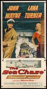 5p660 SEA CHASE 3sh '55 great seafaring artwork of John Wayne & Lana Turner!