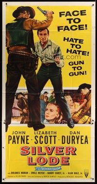 5p669 SILVER LODE 3sh '54 art of cowboy John Payne in gunfight, Lizabeth Scott!