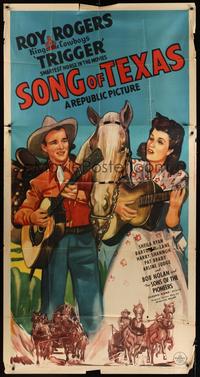 5p680 SONG OF TEXAS 3sh '43 art of full-length Roy Rogers by Trigger & playing guitar with girl!