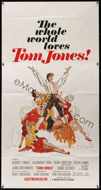 5p725 TOM JONES int'l 3sh '63 artwork of Albert Finney surrounded by five sexy women on bed!
