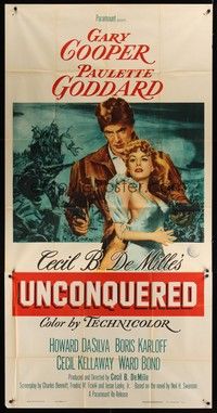 5p735 UNCONQUERED 3sh R55 art of Gary Cooper in coonskin cap with 2 guns + sexy Paulette Goddard!