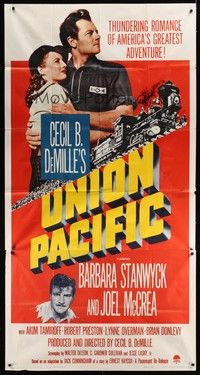 5p737 UNION PACIFIC 3sh R58 Cecil B. DeMille, Barbara Stanwyck, Joel McCrea, cool train image!