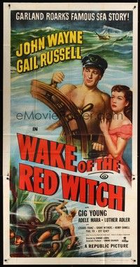 5p746 WAKE OF THE RED WITCH 3sh R52 art of barechested John Wayne & Gail Russell at ship's wheel!