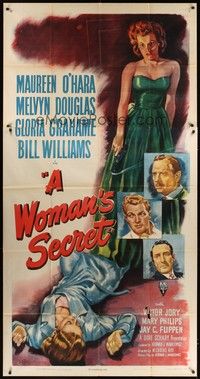 5p757 WOMAN'S SECRET 3sh '49 sexy full-length Maureen O'Hara w/smoking gun in Nicholas Ray noir!