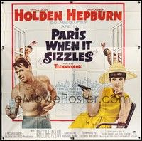 5p216 PARIS WHEN IT SIZZLES 6sh '64 Audrey Hepburn with gun & barechested William Holden in France!