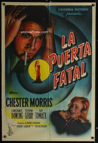 5p287 BLIND SPOT Argentinean '47 worried smoking Chester Morris & terrified girl, film noir!