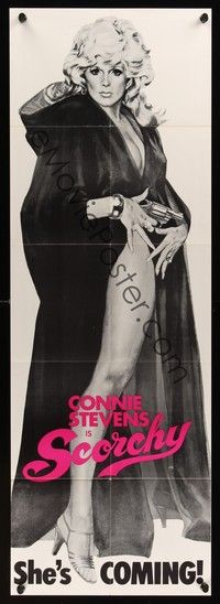 5p045 SCORCHY door panel '76 full-length art of sexy barely-dressed Connie Stevens in black cape!