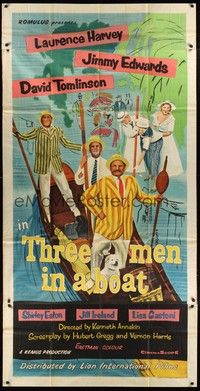 5p058 THREE MEN IN A BOAT English 3sh '56 Laurence Harvey, wacky art of cast on gondola!