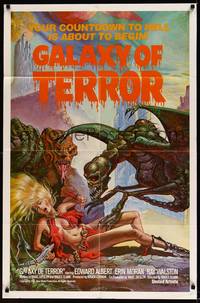 5p027 GALAXY OF TERROR short stop '81 great sexy Charo fantasy artwork of monsters attacking girl!