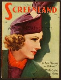 5r140 SCREENLAND magazine April 1938 art of Irene Dunne wearing wild hat by Marland Stone!