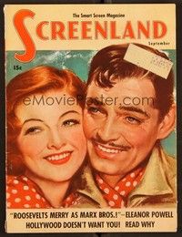 5r145 SCREENLAND magazine September 1938 art of Clark Gable and Myrna Loy by Marland Stone!