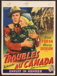 5s432 HEART OF THE NORTH Belgian '53 artwork of Mountie Dick Foran holding Gloria Dickson!