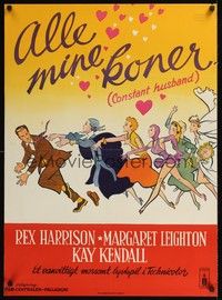 5s632 CONSTANT HUSBAND Danish '55 wacky art of Rex Harrison running from many women!