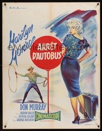 5s516 BUS STOP French 23x32 R60s great art of cowboy Don Murray trying to lasso Marilyn Monroe!