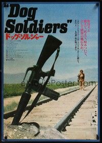 5s158 WHO'LL STOP THE RAIN Japanese '78 cool image of assault rifle buried on train tracks!