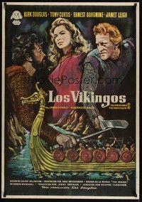 5s032 VIKINGS Spanish '58 MCP art of Kirk Douglas, Tony Curtis & sexy Janet Leigh!