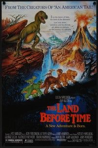 5t369 LAND BEFORE TIME mini poster '88 Steven Spielberg, George Lucas, Don Bluth, dinosaur cartoon!