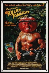 5t224 RETURN OF THE KILLER TOMATOES video poster '88 great parody image of beefy tomato with gun!
