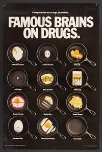 5t584 FAMOUS BRAINS ON DRUGS commercial 23x35 '91 wacky images of famous egg brains on skillets!