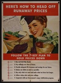 5t015 HERE'S HOW TO HEAD OFF RUNAWAY PRICES war poster '43 great artwork of woman w/groceries!