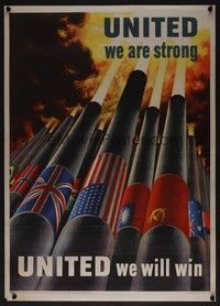 5t033 UNITED WE ARE STRONG war poster '43 WWII, Koerner art of flag cannons firing together!