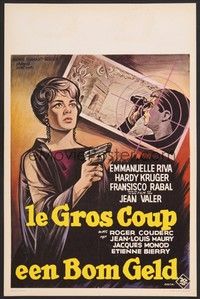 5x590 LE GROS COUP Belgian '64 cool artwork of Emmanuelle Riva with pistol!