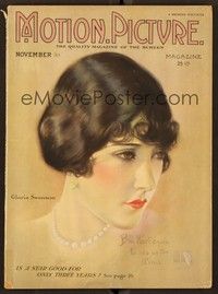 5y109 MOTION PICTURE magazine November 1923 art of Gloria Swanson wearing pearls by Hal Phyfe!