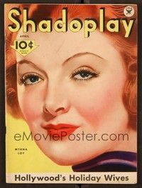 5y052 SHADOPLAY magazine April 1934 super close artwork portrait of Myrna Loy by Earl Christy!