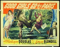 5z310 GOOD GIRLS GO TO PARIS LC '39 Melvyn Douglas admires sexy Joan Blondell on park bench!
