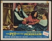 5z469 PIT & THE PENDULUM LC #2 '61 pretty Barbara Steele leans over fallen Vincent Price!