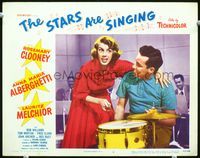 5z541 STARS ARE SINGING LC #2 '53 close up of singer Rosemary Clooney helping drummer play!