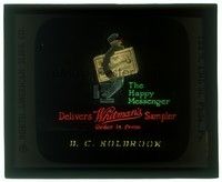 6b203 WHITMAN'S SAMPLER CHOCOLATE & CONFECTIONS glass slide '20s a happy messenger delivers candy!