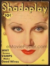6b116 SHADOPLAY magazine June 1933 super close up art of beautiful Fay Wray by Earl Christy!