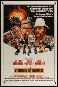 6c008 21 HOURS AT MUNICH int'l 1sh '76 cool art of William Holden, Franco Nero with grenade!
