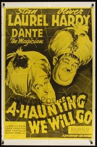 6c017 A-HAUNTING WE WILL GO 1sh R60s Stan Laurel & Oliver Hardy in turbans!